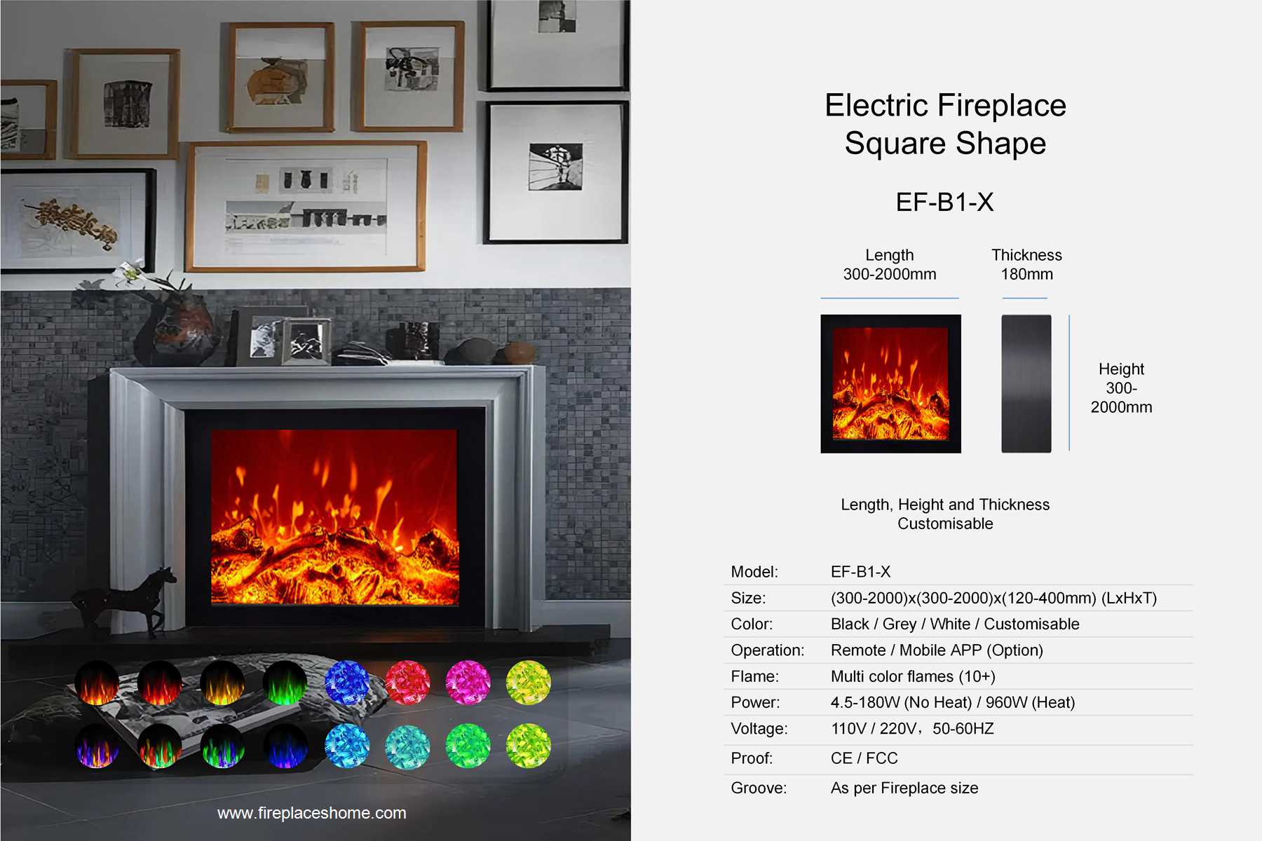 product size electric fireplace ef b1 1 x square shape en