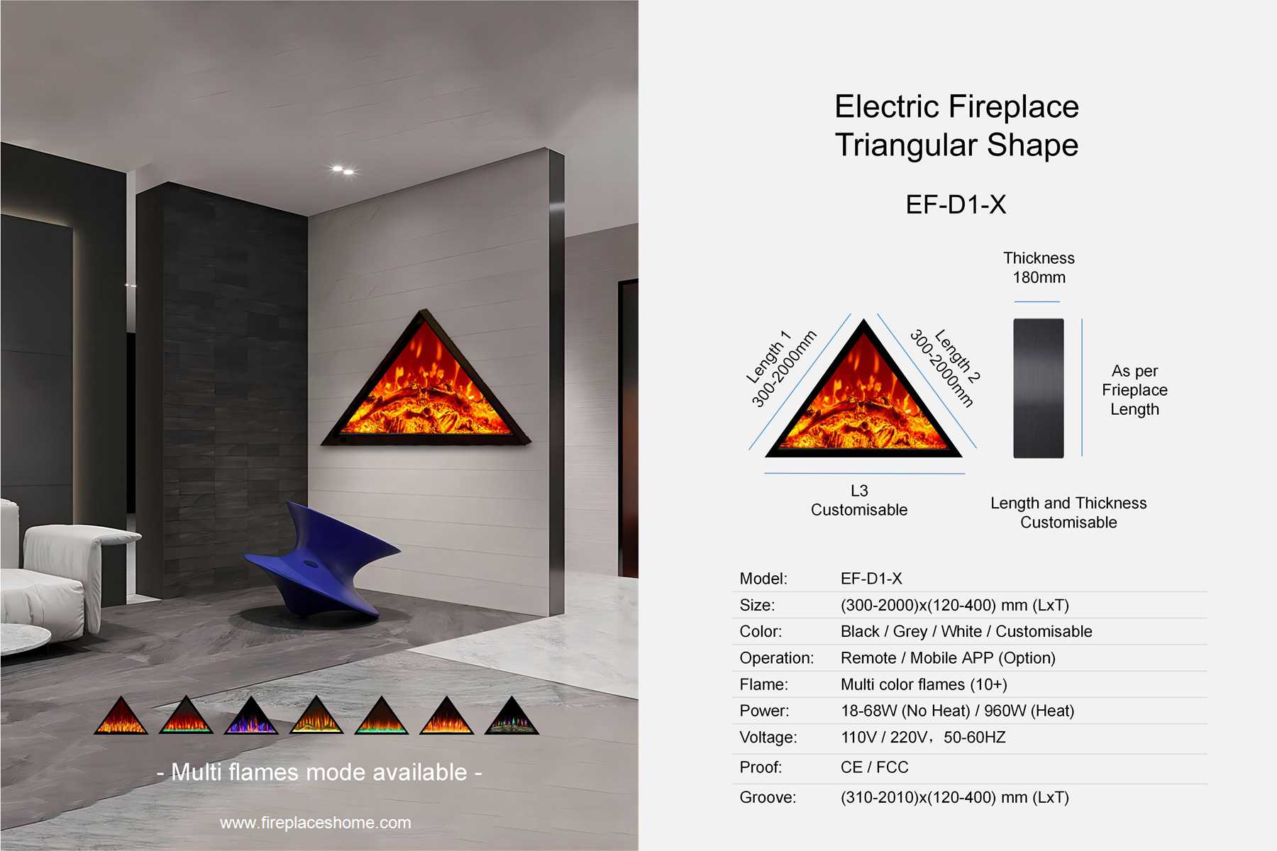product size electric fireplace ef d1 1 x triangular shape en