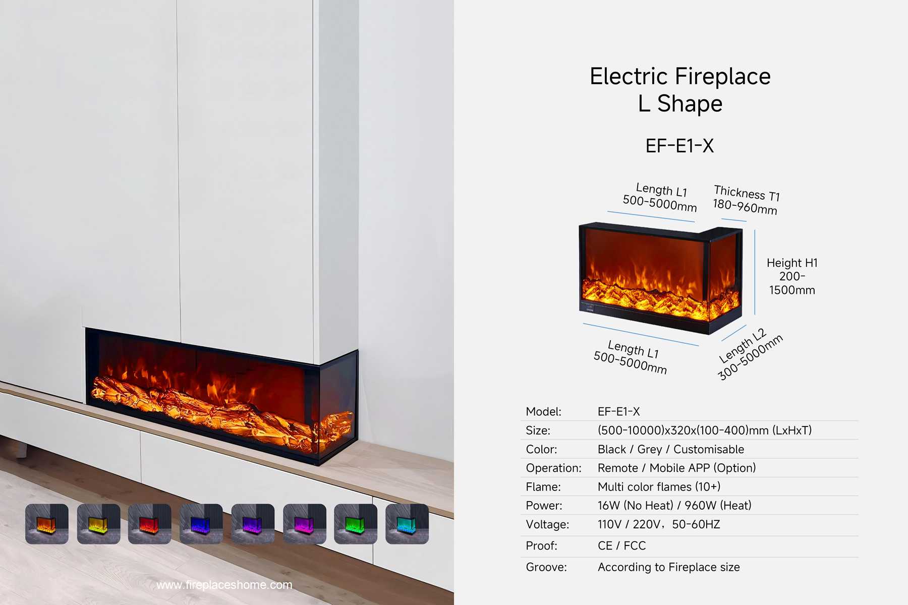 product size electric fireplace ef e1 1 x l shape en