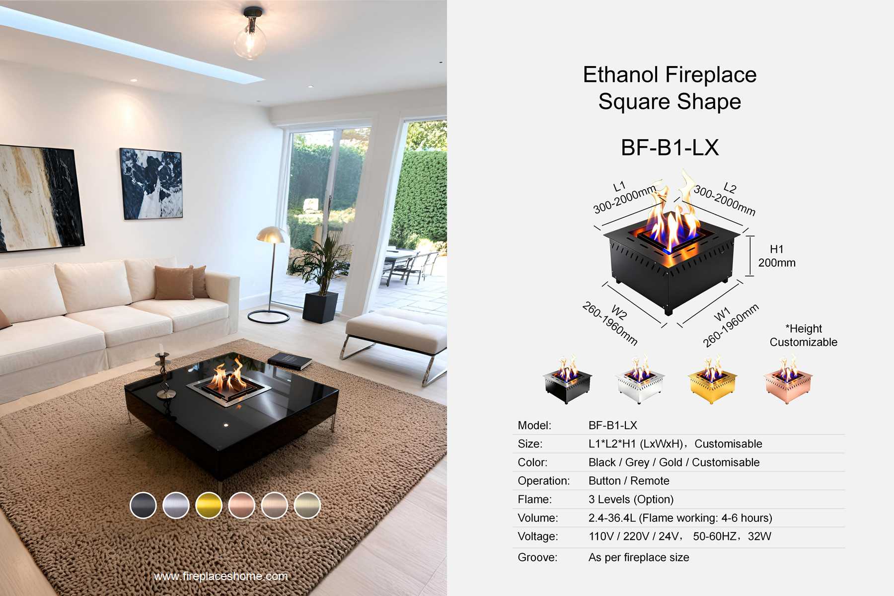 product size ethanol fireplace bf b1 1 x square shape en