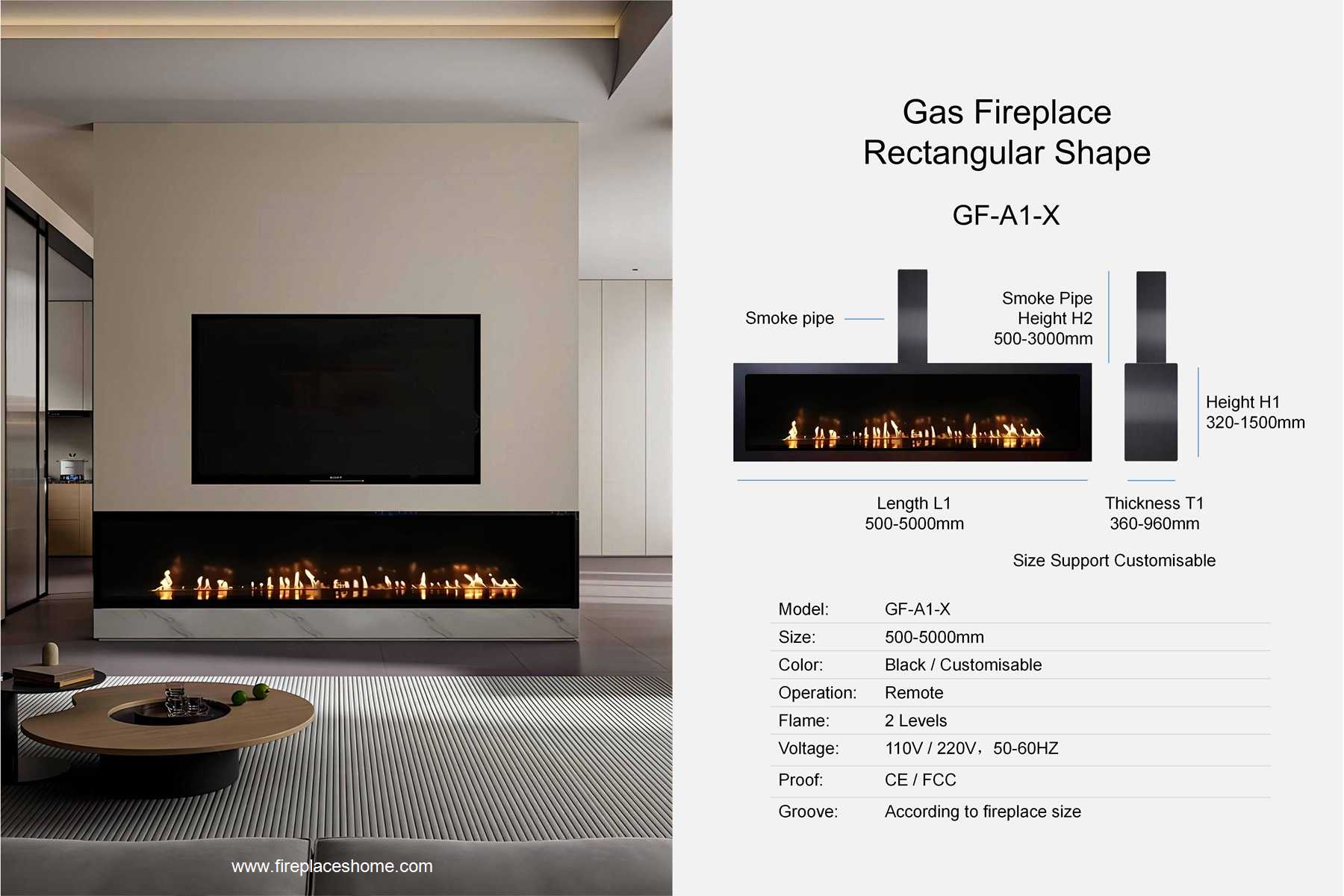 product size gas fireplace gf a1 1 x rectangular shape en