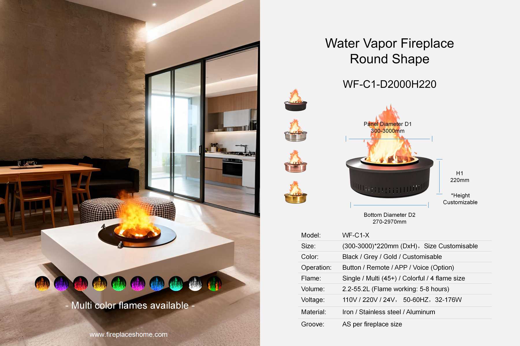 product size water vapor fireplace wf c1 1 x round shape en