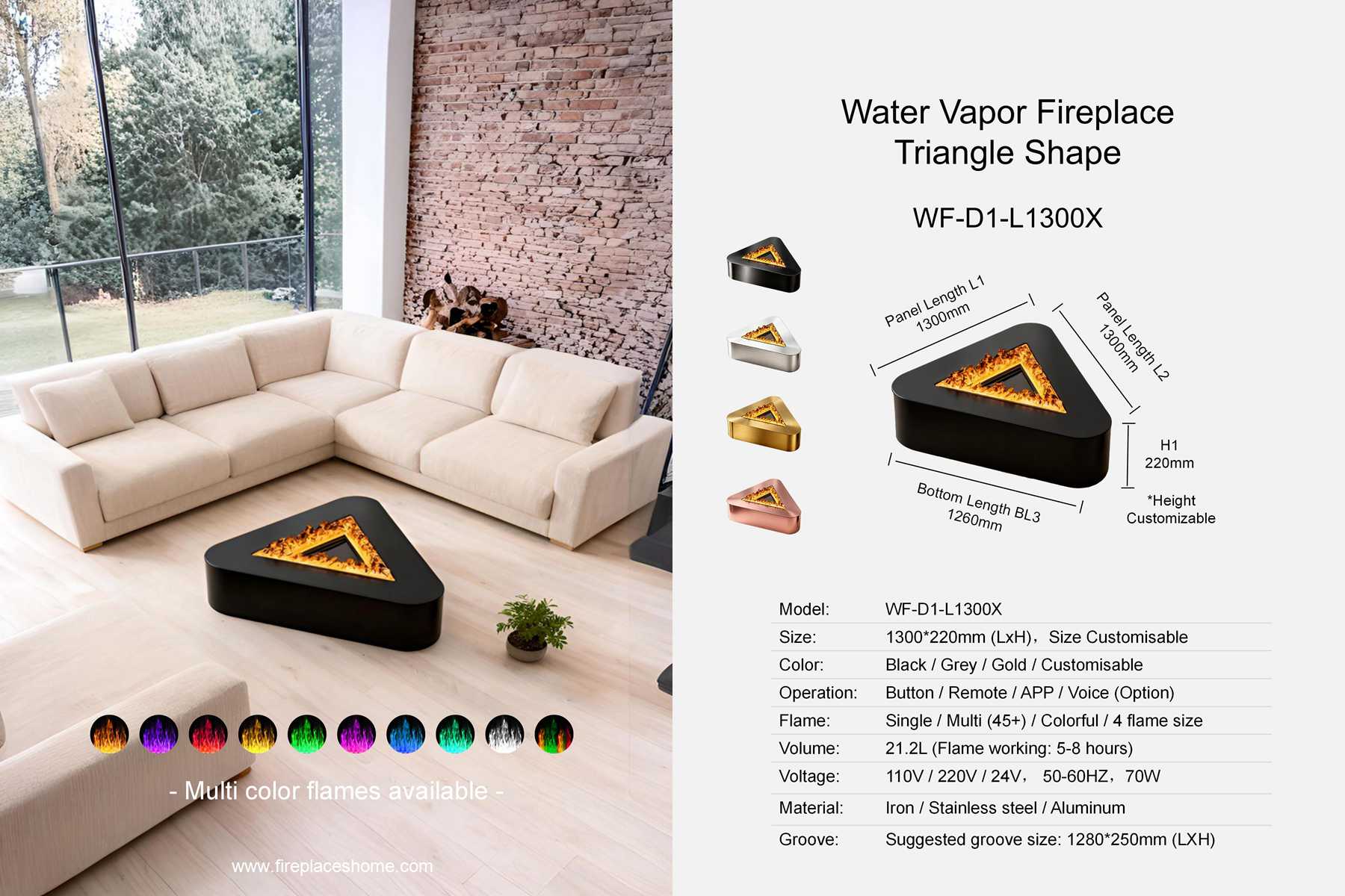 Water vapor fireplace triangular shape WF-D1-1 Length 1300mm